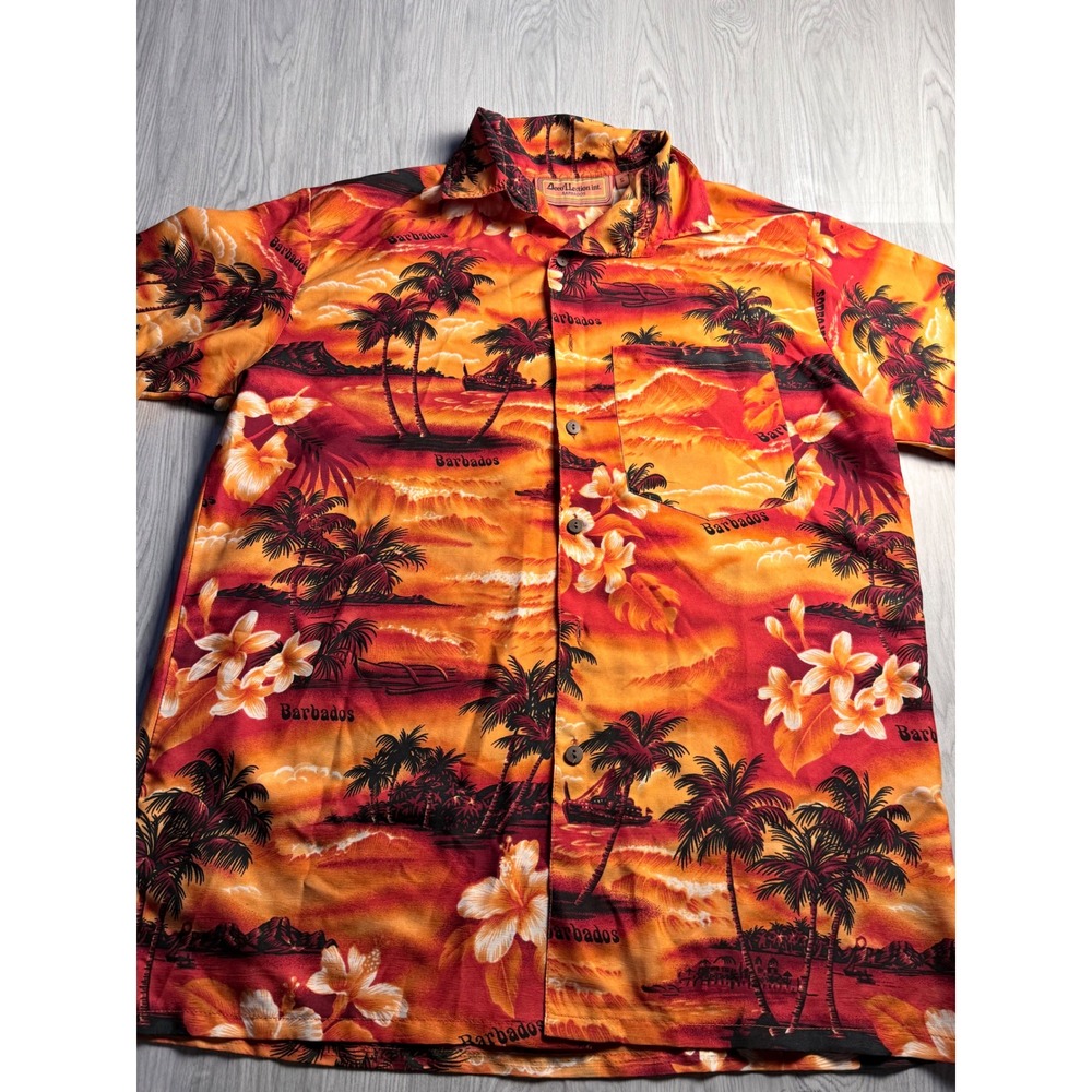 Deco'LLection Int Barbados Hawaiian Shirt Orange Sunset Palm Tree Mens Small